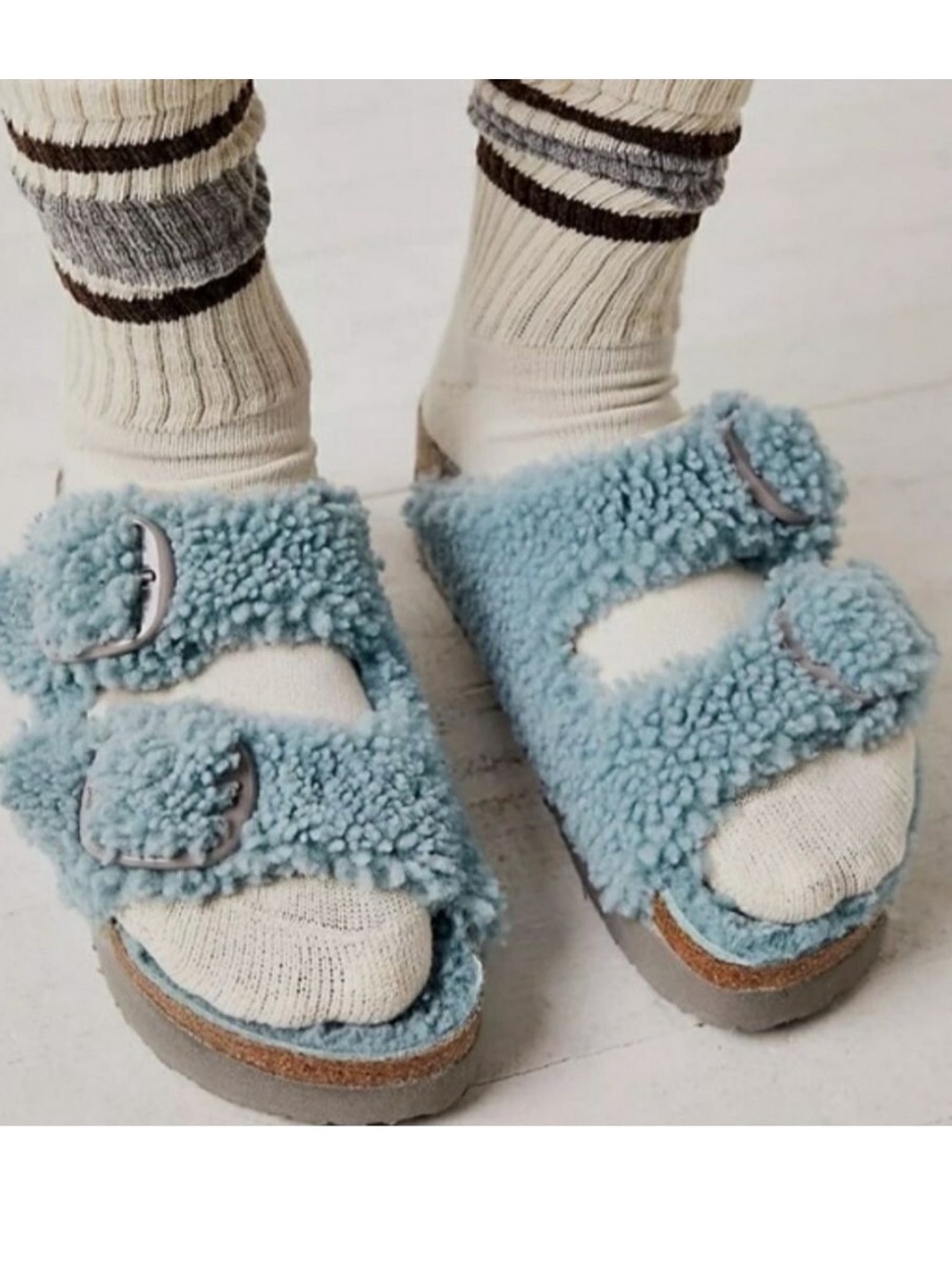 Papillio Birkenstock Arizona Big Buckle Blue Shearling Platform Slide Sandal-40 - Picture 3 of 13
